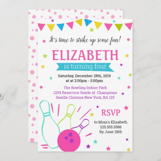 ボーリング誕生日の少女への招待 招待状 (正面/裏面)