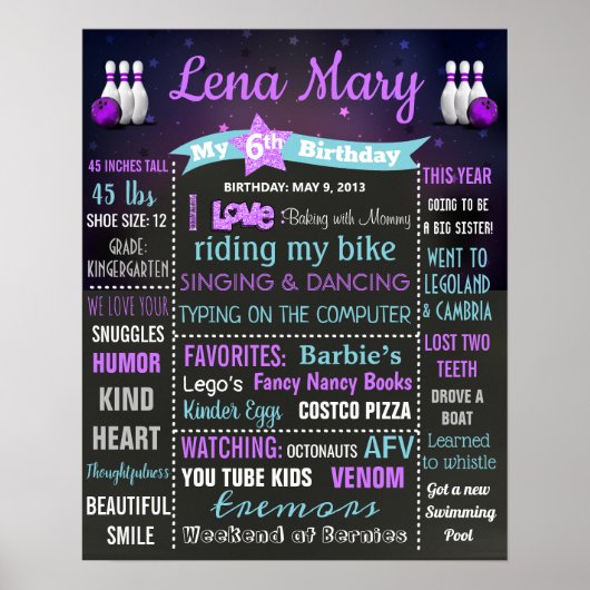 ボーリング誕生日の看板の女の子 ポスター (正面)