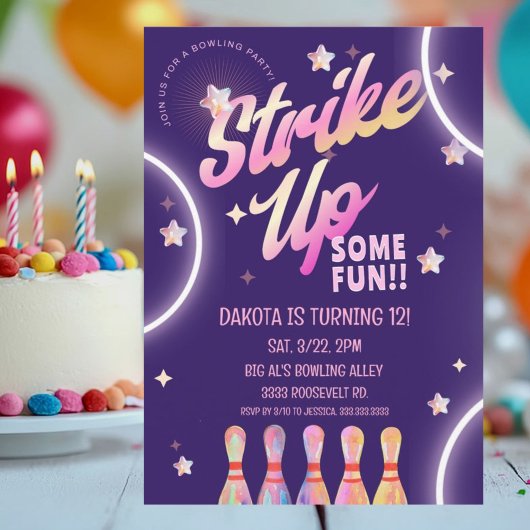 ボーリング誕生日ネオンピンクパーティー 招待状