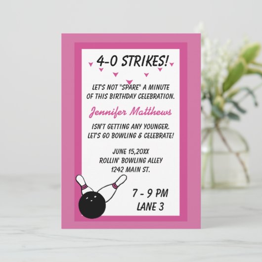 ボーリング誕生日パーティピンク年齢のカスタマイズ可能 招待状 (スタンド正面)