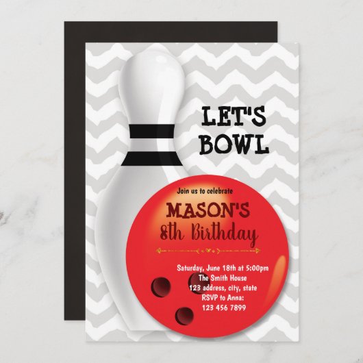 ボーリング誕生日パーティーへの招待 招待状 (正面/裏面)