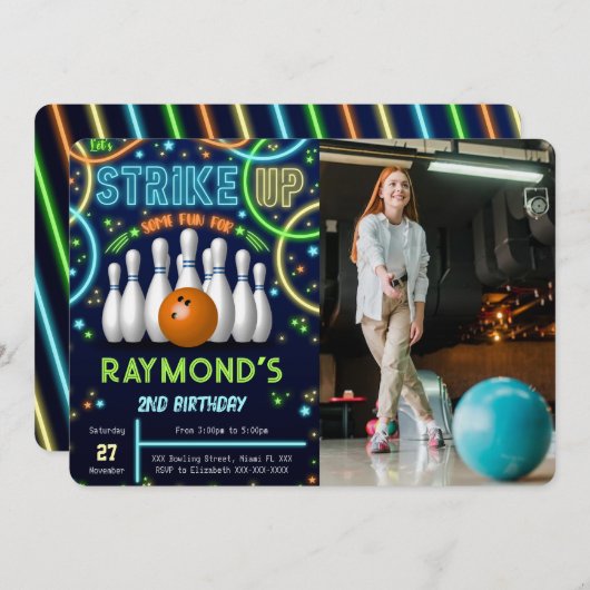 ボーリング誕生日フォト招待状 招待状 (正面/裏面)
