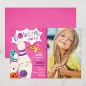 ボーリング誕生日招待状ガールピンクピザストライク 招待状 (正面/裏面)