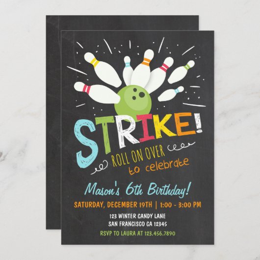 ボーリング誕生日招待状ブルーオレンジボーイ 招待状 (正面/裏面)