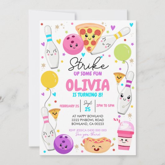 ボーリング誕生日招待状ボーリングピザパーティー 招待状 (正面)