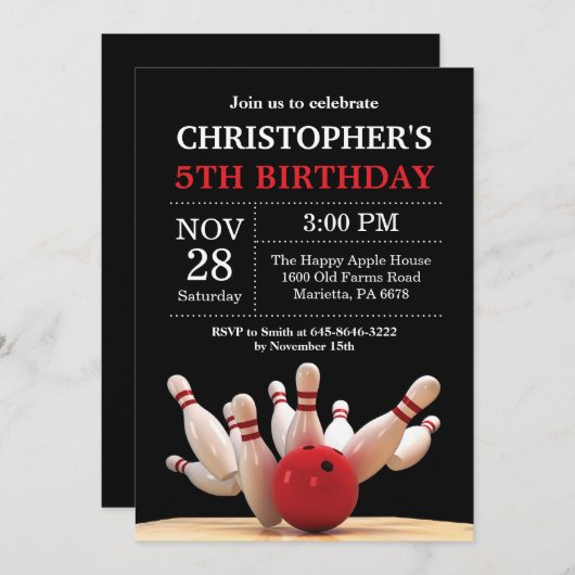 ボーリング誕生日招待状誕生日パーティレッド 招待状 (正面/裏面)