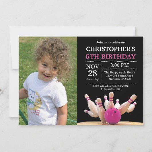 ボーリング誕生日招待状誕生日パーティーピンク 招待状 (正面)
