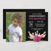 ボーリング誕生日招待状誕生日パーティーピンク 招待状 (正面/裏面)