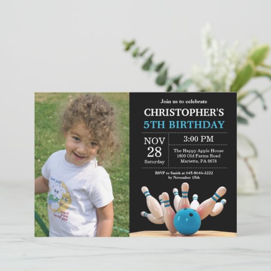 ボーリング誕生日招待状誕生日パーティーブルー 招待状 (スタンド正面)