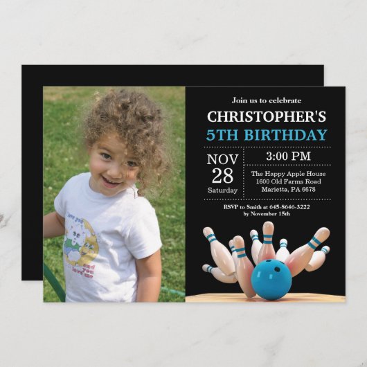 ボーリング誕生日招待状誕生日パーティーブルー 招待状 (正面/裏面)