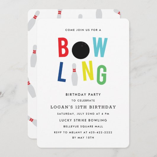 ボーリング·おもしろい·キッズの誕生日パーティーの招待_数々の 招待状 (正面/裏面)