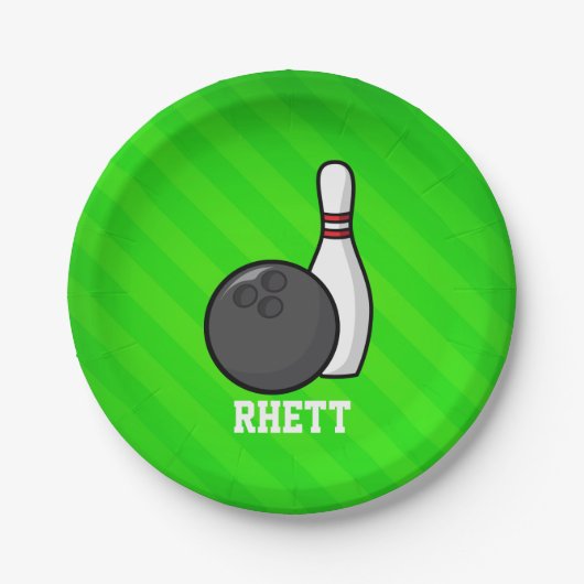 ボーリング;ネオン緑ストライプ色 ペーパープレート (正面)