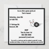 ボーリング・ボールおよびピンの後ゲームのパーティーの招待 招待状 (裏面)
