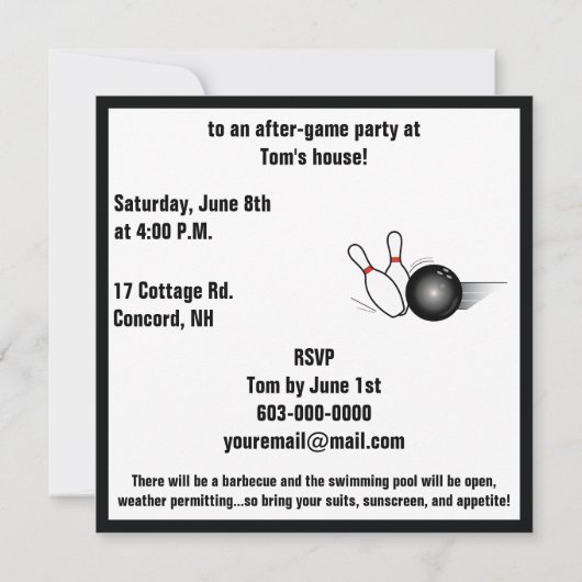 ボーリング・ボールおよびピンの後ゲームのパーティーの招待 招待状 (裏面)