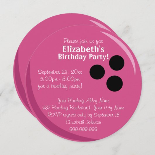 ボーリング・ボールのピンクの誕生会 招待状 (正面/裏面)
