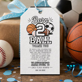ボールが生まれて２年のスポーツをテーマにした男の子の誕生日パーティー ギフトタグ