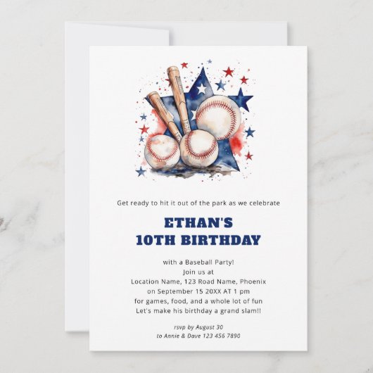 ボールこうもりスターズキッズベースボール誕生日レッドブルー 招待状 (正面)