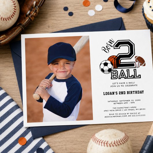 ボールで生まれたスポーツテーマの男の子の2歳誕生日パーティー 招待状