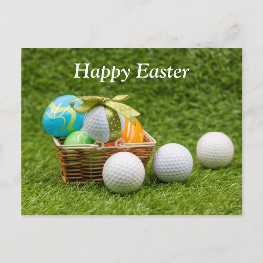 ボールとカラフルイースター卵を持つゴルフイースター シーズンポストカード (正面)