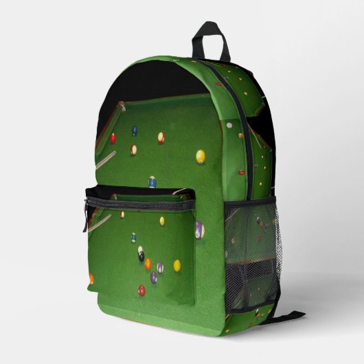 ボールとキューを入れた8ボールのテーブルオイルペイント。 プリントバックパック (裏面右端)