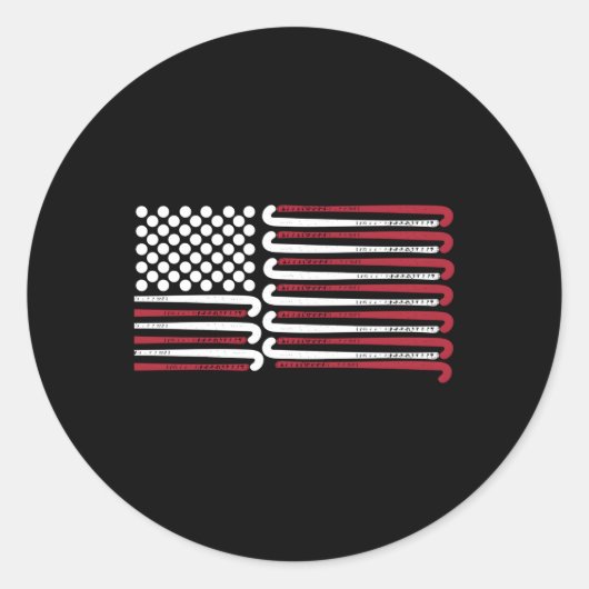 ボールとクラブを持つアメリカ国旗のフィールドホッケー ラウンドシール (正面)