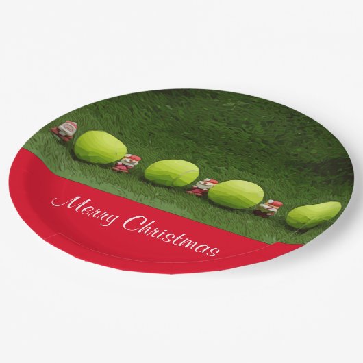 ボールとサンタクロースとテニスのメリークリスマス ペーパープレート (アングル)