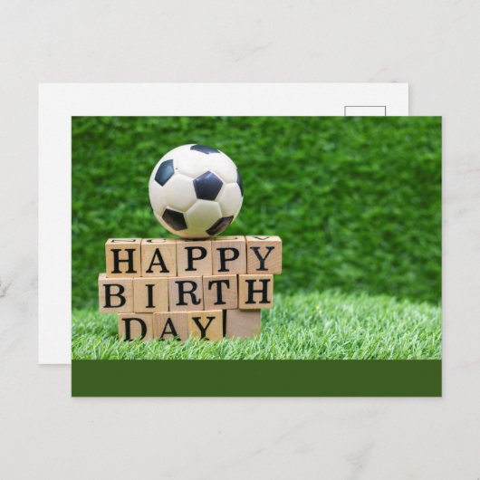 ボールとハッピーバースデー語を持つサッカー誕生日 ポストカード (正面/裏面)