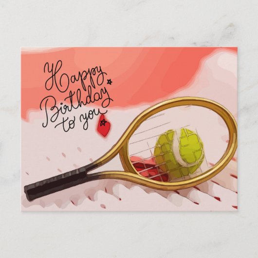 ボールとラケットを備えたテニスハッピーバースデー ポストカード (正面)