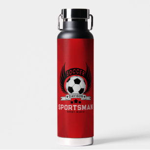 ボールと翼が付いたカスタム サッカー スポーツマン エンブレム ウォーターボトル
