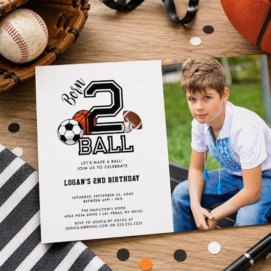 ボールに生まれて 2 | スポーツテーマの男の子の2歳の誕生日 招待状