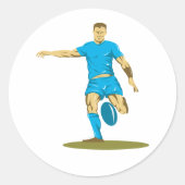 ボールのステッカーを蹴るラグビー選手 ラウンドシール (正面)