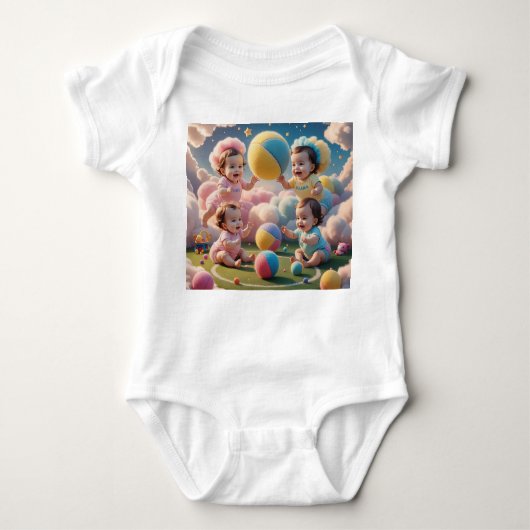ボールよくはしゃぐ付きカラフルベビー – 愛らしい子供 ベビーボディスーツ (正面)