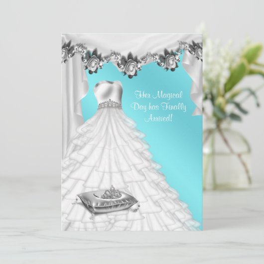 ボールガウンティアラホワイトローズティール（緑がかった色）キンセアニェラ 招待状 (スタンド正面)