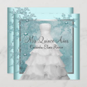 ボールガウンティール（緑がかった色）ブルーウィンタースノーフレークキンセアニェラ 招待状 (正面/裏面)