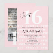 ボールドピンクとホワイトのカスタマイズフォト スイートシックスティーン 招待状 (正面/裏面)