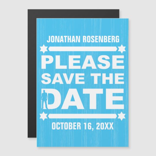 ボールド タイプ バー ミツバ祭 Save the Date ライトブルー マグネット招待状 (正面/裏面)