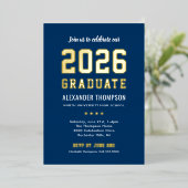 ボールド ネイビー ゴールド 2026年 卒業 卒業パーティー 箔招待状 (立ち正面)