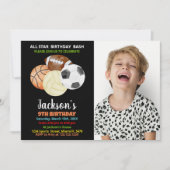 ボールブラックオレンジスポーツ誕生日(写真付) 招待状 (正面)