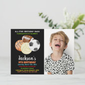 ボールブラックオレンジスポーツ誕生日(写真付) 招待状 (スタンド正面)