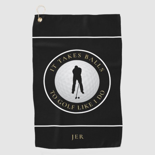 ボールユーモアのゴルファーがスポーツモノグラムのブラック金ゴールド ゴルフタオル (正面)