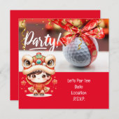 ボール中国のと赤リボンを持つゴルフ新年 セーブザデート (正面/裏面)