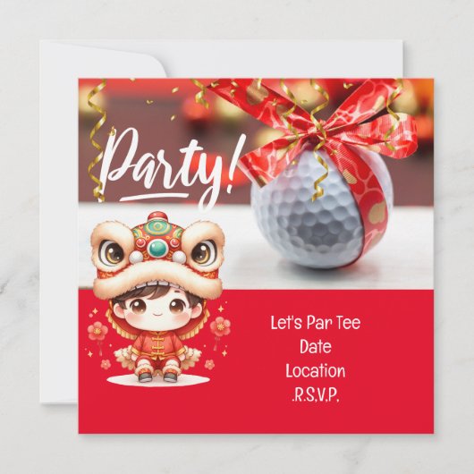 ボール中国のと赤リボンを持つゴルフ新年 セーブザデート (正面)