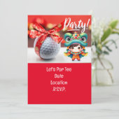 ボール中国のと赤リボンを持つゴルフ新年 招待状 (スタンド正面)