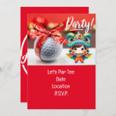 ボール中国のと赤リボンを持つゴルフ新年 招待状 (正面/裏面)