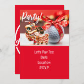 ボール中国のと赤リボンを持つゴルフ新年 招待状 (正面/裏面)