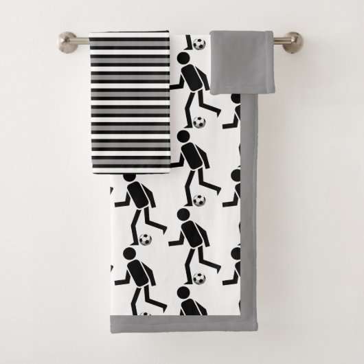 ボール付きサッカー選手、黒いグレーストライプの縁ど選手 バスタオルセット (インサイチュ)