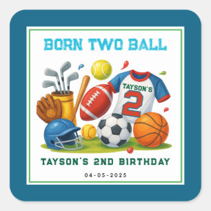 ボール大好きスポーツテーマの男の子のための2歳の誕生日パーティー スクエアシール