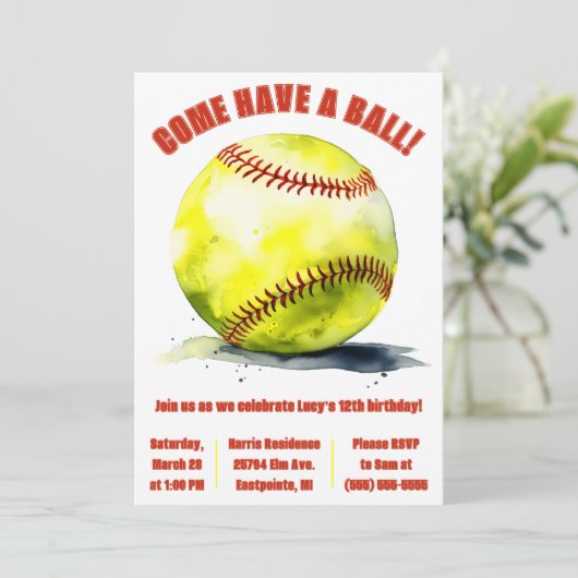 ボール来を持って！ソフトボールをテーマにした誕生日パーティー 招待状 (スタンド正面)