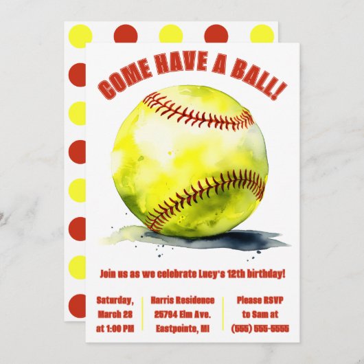 ボール来を持って!ソフトボールをテーマにした誕生日パーティー 招待状 (正面/裏面)