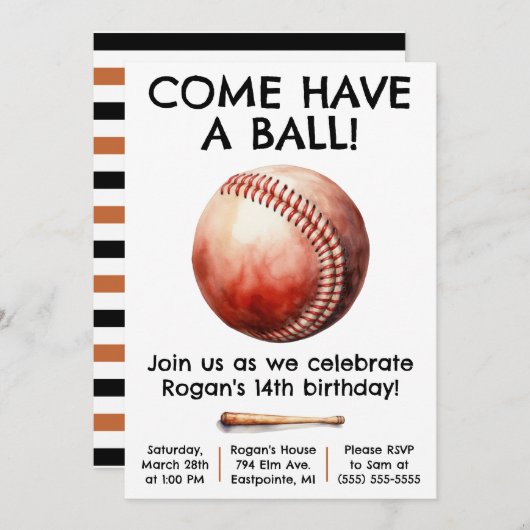 ボール来を持って!野球の誕生日パーティー 招待状 (正面/裏面)